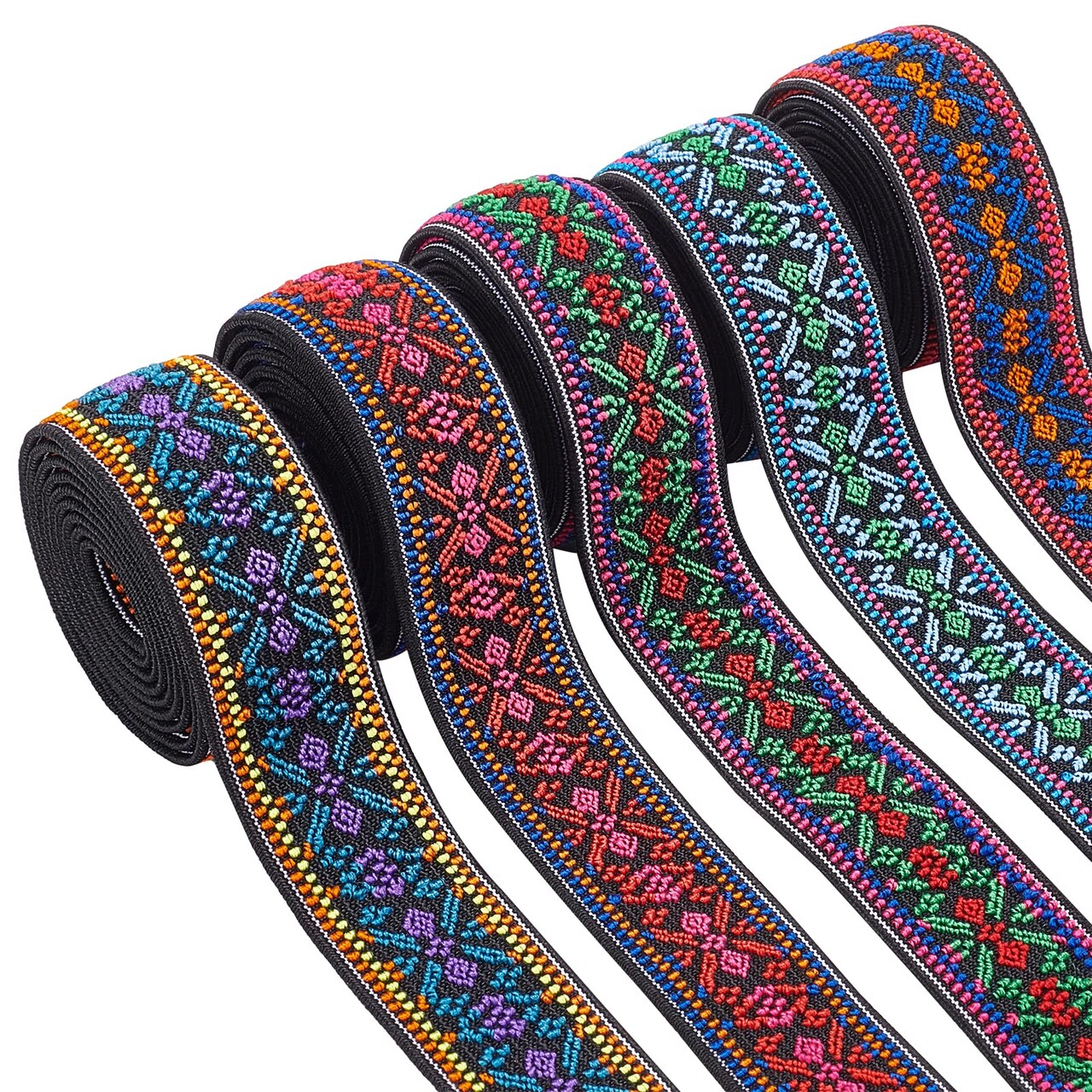 5 Yards Elastic Woven Jacquard Ribbon - 5 Colors Boho Elastic Band 1" Ethnic Ribbon for DIY Craft Accessories Embellishment Decorations